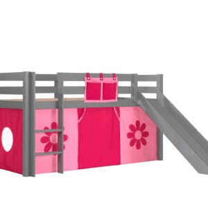 Wohnli Möbelsuche - HOCHBETT mit Rutsche Karolina Massivholz Grau Textilset Flower