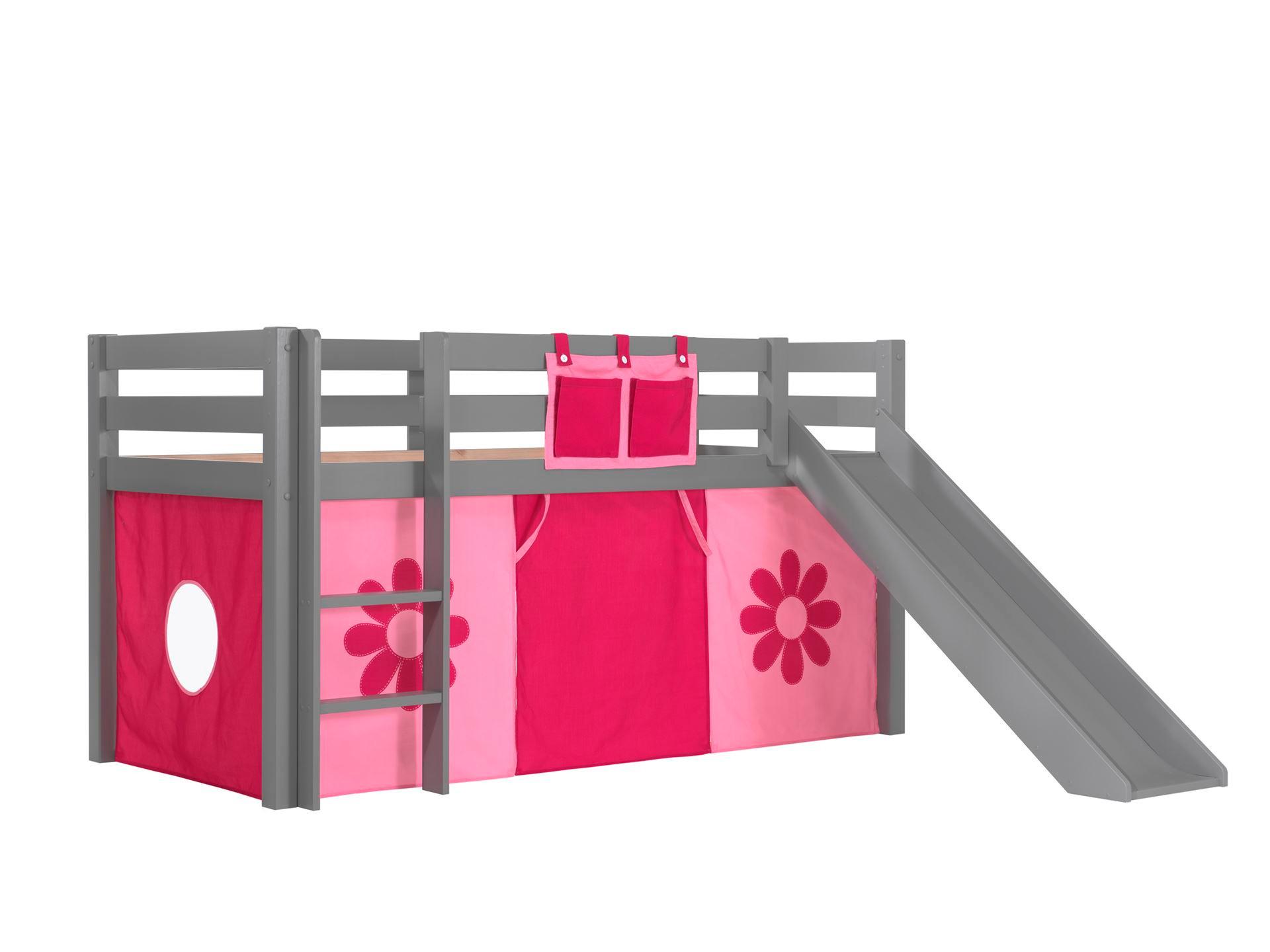 wohnli-moebel-suche-800001311902 Wohnli Möbelsuche - HOCHBETT mit Rutsche Karolina Massivholz Grau Textilset Flower