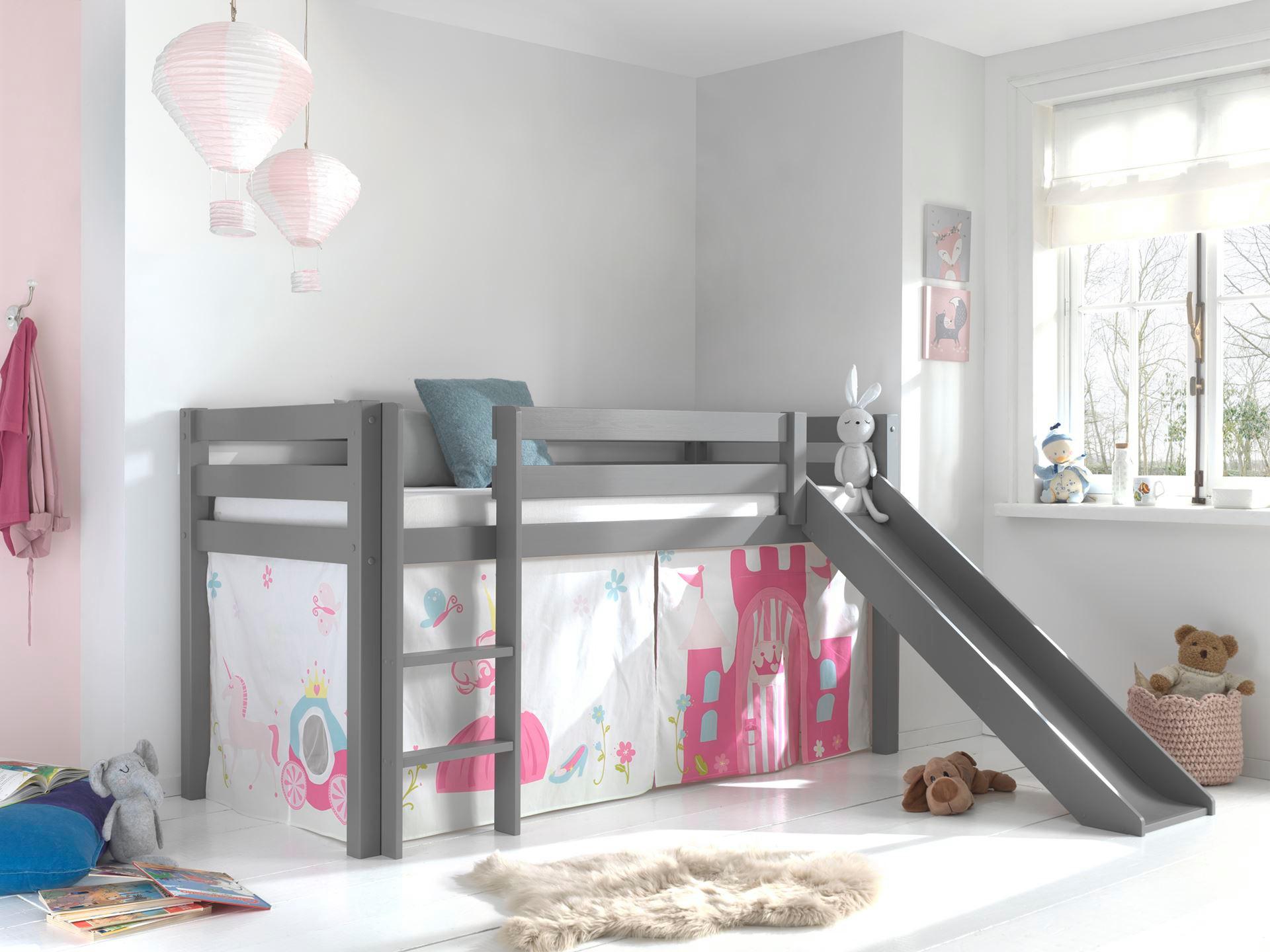 HOCHBETT mit Rutsche Karolina Massivholz Grau Textilset Princess 1 Holz 58aufmkessel Möbel > Betten > Hoch- und Etagenbetten > Hochbetten Grau