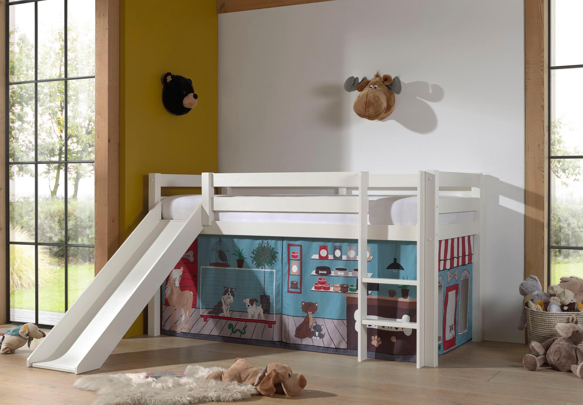 HOCHBETT mit Rutsche Karolina Massivholz Weiß Textilset Pet Shop Holz 58aufmkessel Möbel > Betten > Hoch- und Etagenbetten > Hochbetten Weiß