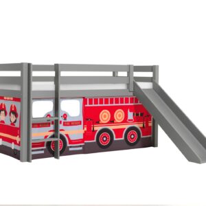 wohnli-moebel-suche-800001311945 Wohnli Möbelsuche - HOCHBETT mit Rutsche Karolina Massivholz Grau Textilset Feuerwehr
