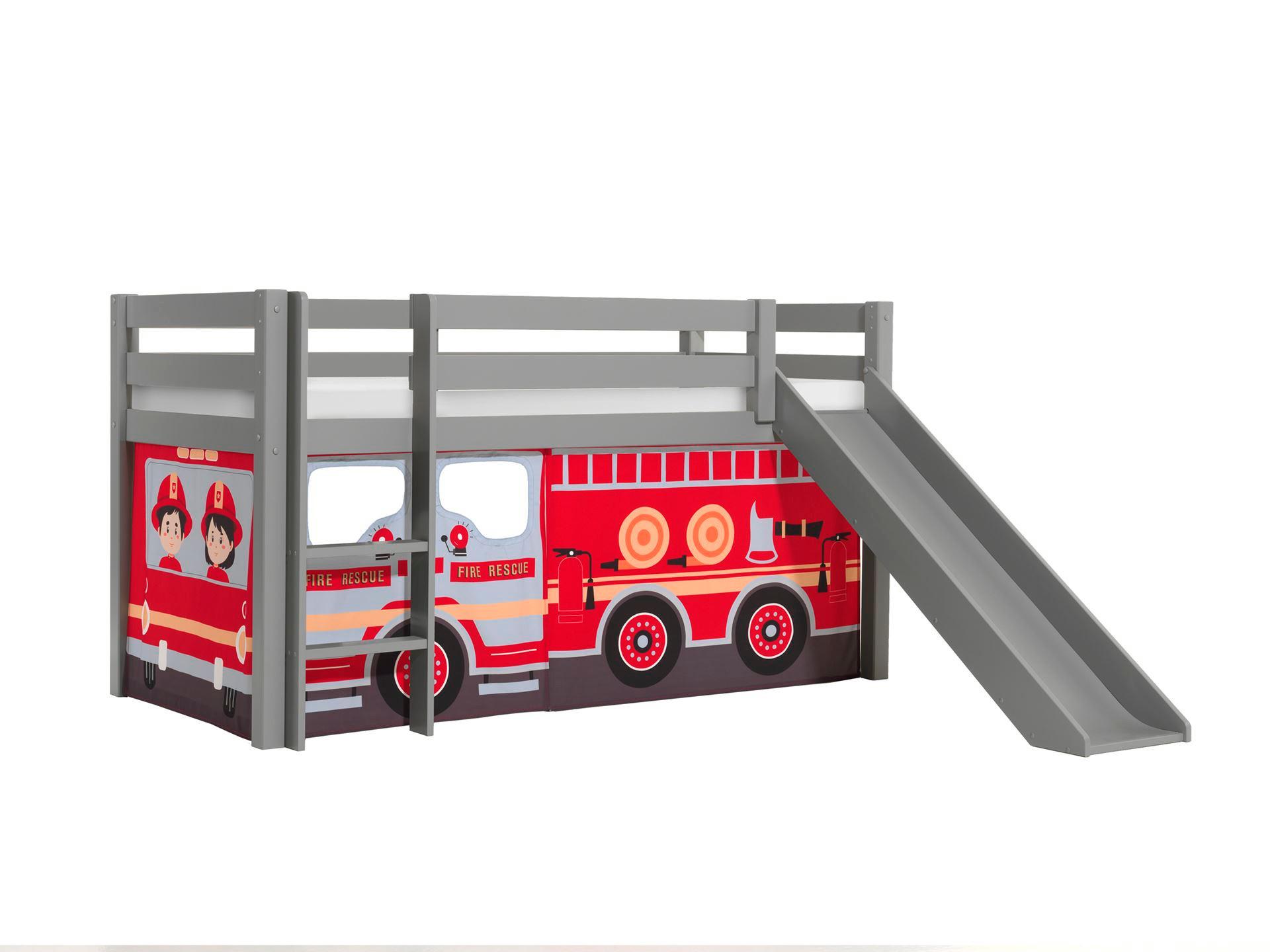 Wohnli Möbelsuche - HOCHBETT mit Rutsche Karolina Massivholz Grau Textilset Feuerwehr