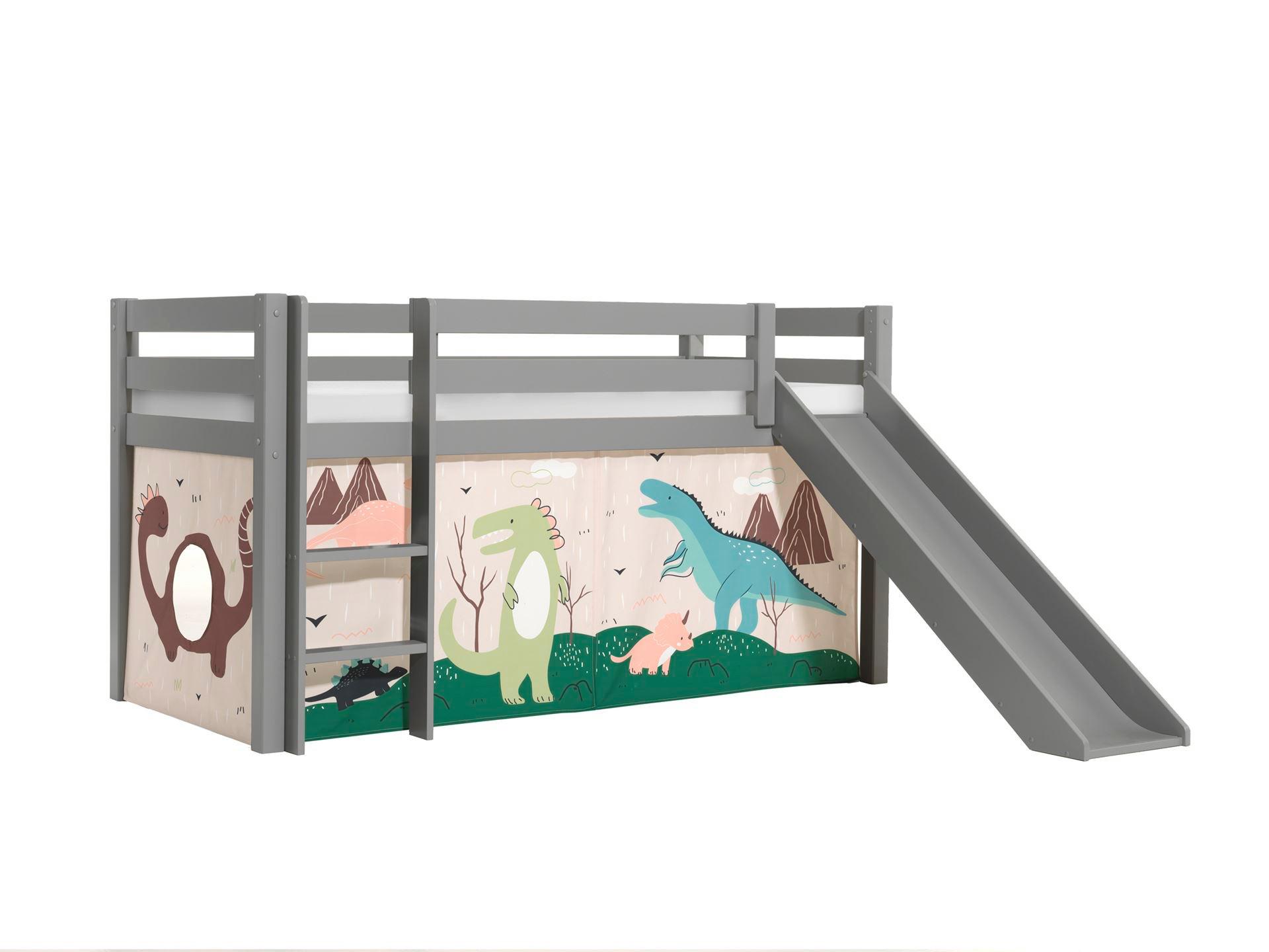 Wohnli Möbelsuche - HOCHBETT mit Rutsche Karolina Massivholz Grau Textilset Dino