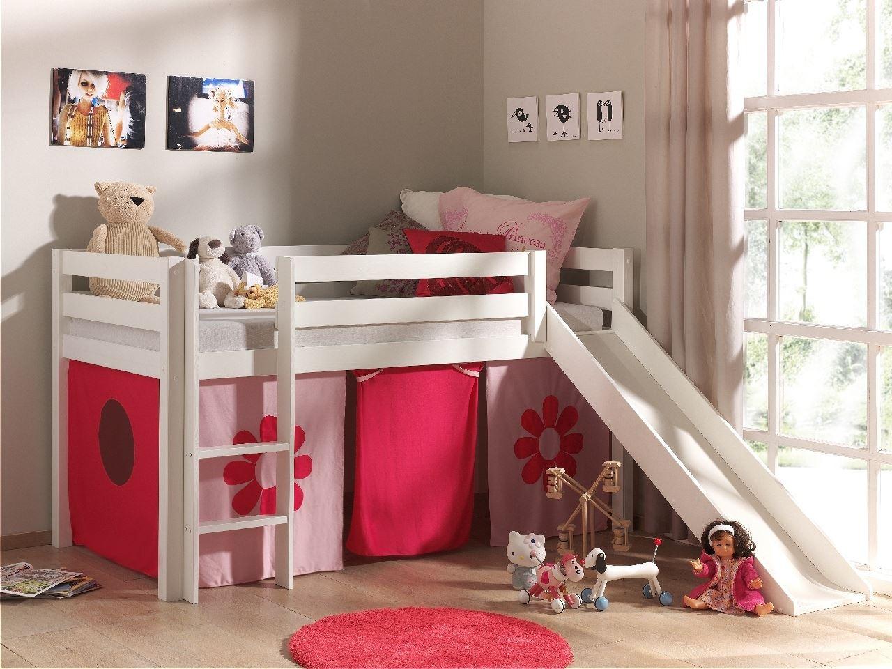 HOCHBETT mit Rutsche Karolina Massivholz Weiß Textilset Flower Holz 58aufmkessel Möbel > Betten > Hoch- und Etagenbetten > Hochbetten Weiß