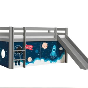 Wohnli Möbelsuche - HOCHBETT mit Rutsche Karolina Massivholz Grau Textilset Rakete