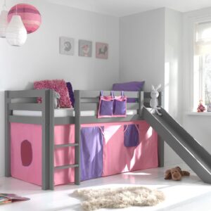 HOCHBETT mit Rutsche Karolina Massivholz Grau Textilset Bella Holz 58aufmkessel Möbel > Betten > Hoch- und Etagenbetten > Hochbetten Grau