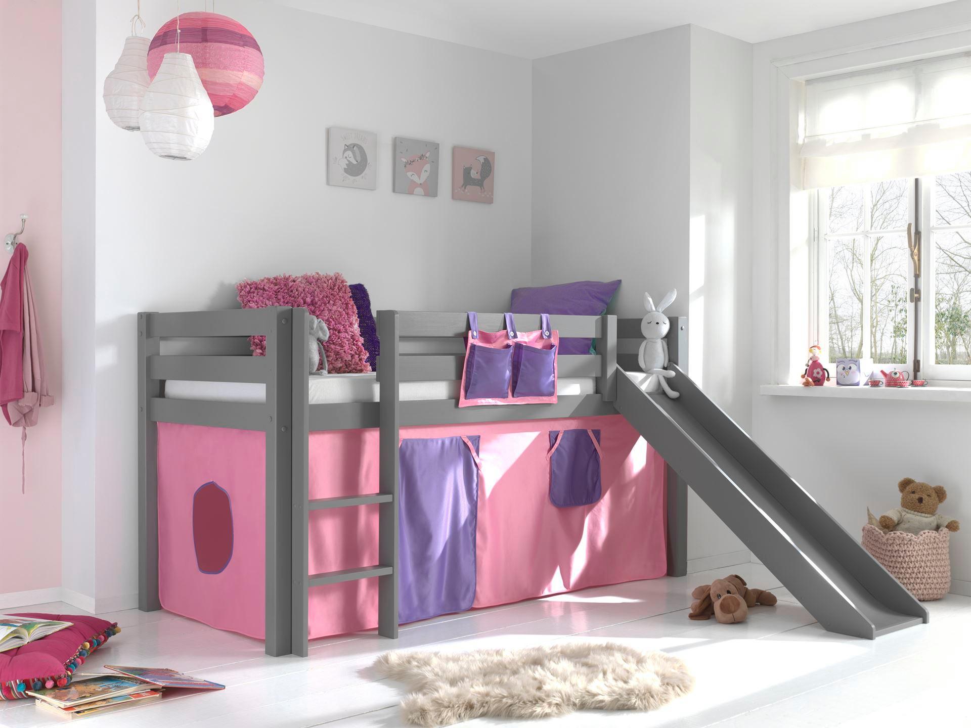 HOCHBETT mit Rutsche Karolina Massivholz Grau Textilset Bella Holz 58aufmkessel Möbel > Betten > Hoch- und Etagenbetten > Hochbetten Grau