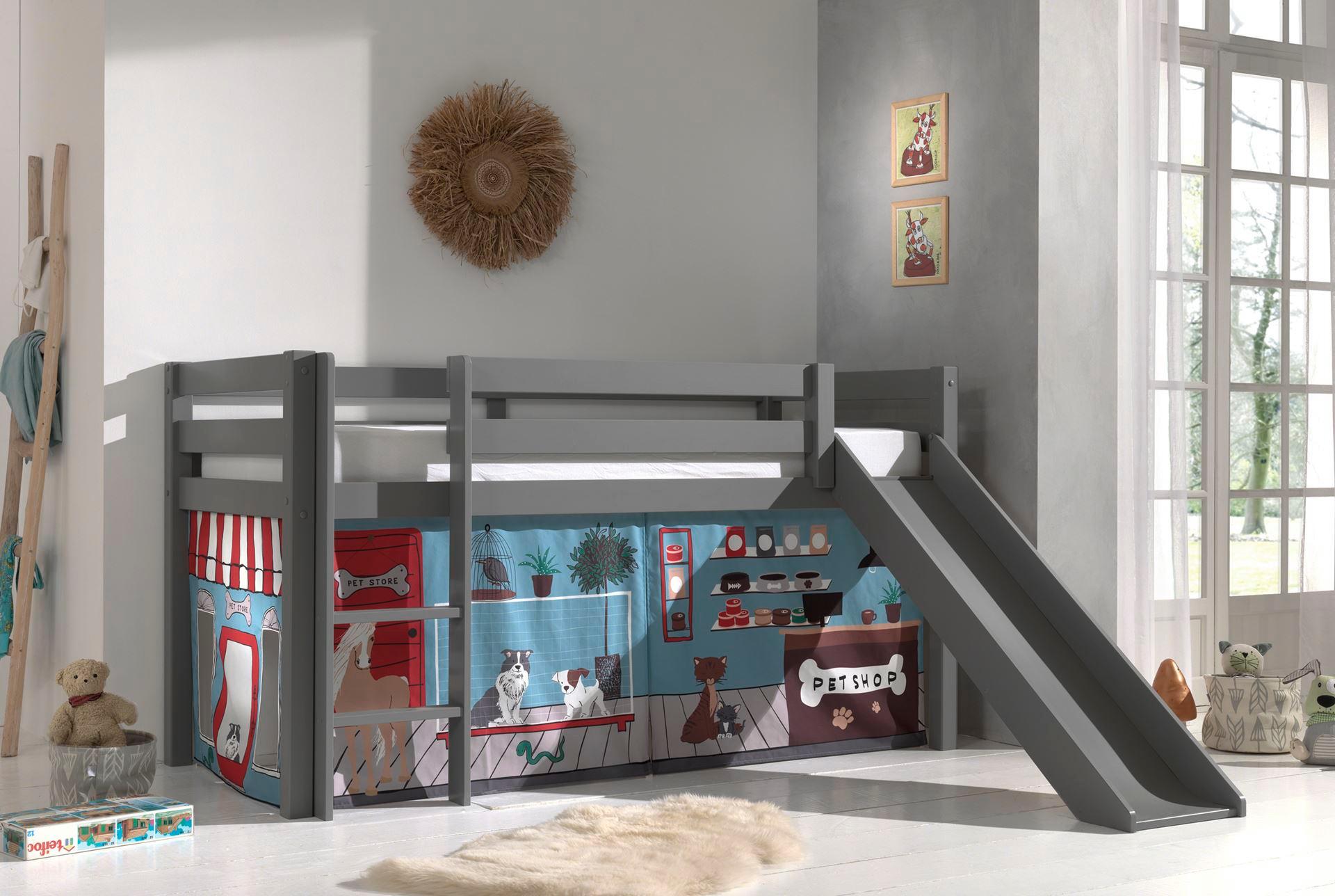 HOCHBETT mit Rutsche Karolina Massivholz Grau Textilset Pet Shop Holz 58aufmkessel Möbel > Betten > Hoch- und Etagenbetten > Hochbetten Grau
