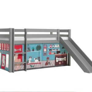 Wohnli Möbelsuche - HOCHBETT mit Rutsche Karolina Massivholz Grau Textilset Pet Shop