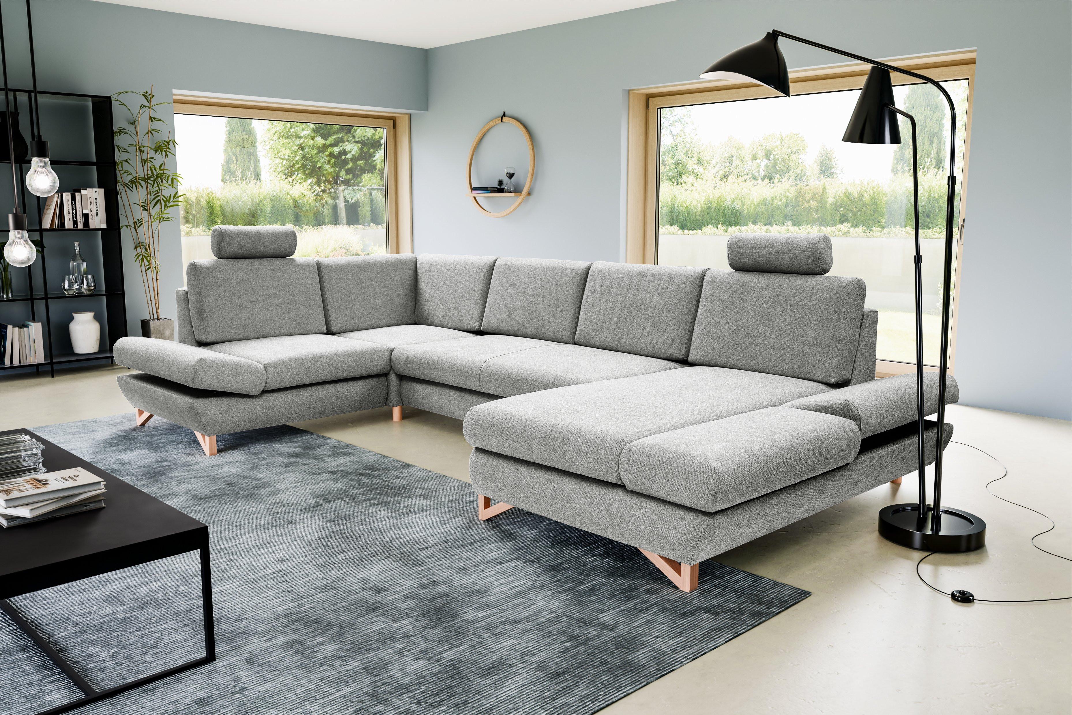 WOHNLANDSCHAFT CASA IV L-S Grau Plüsch-Stoff mit Schlaffunktion Holz MASSENO Möbel > Sofas & Couches > Wohnlandschaften > Wohnlandschaften U-Form Grau