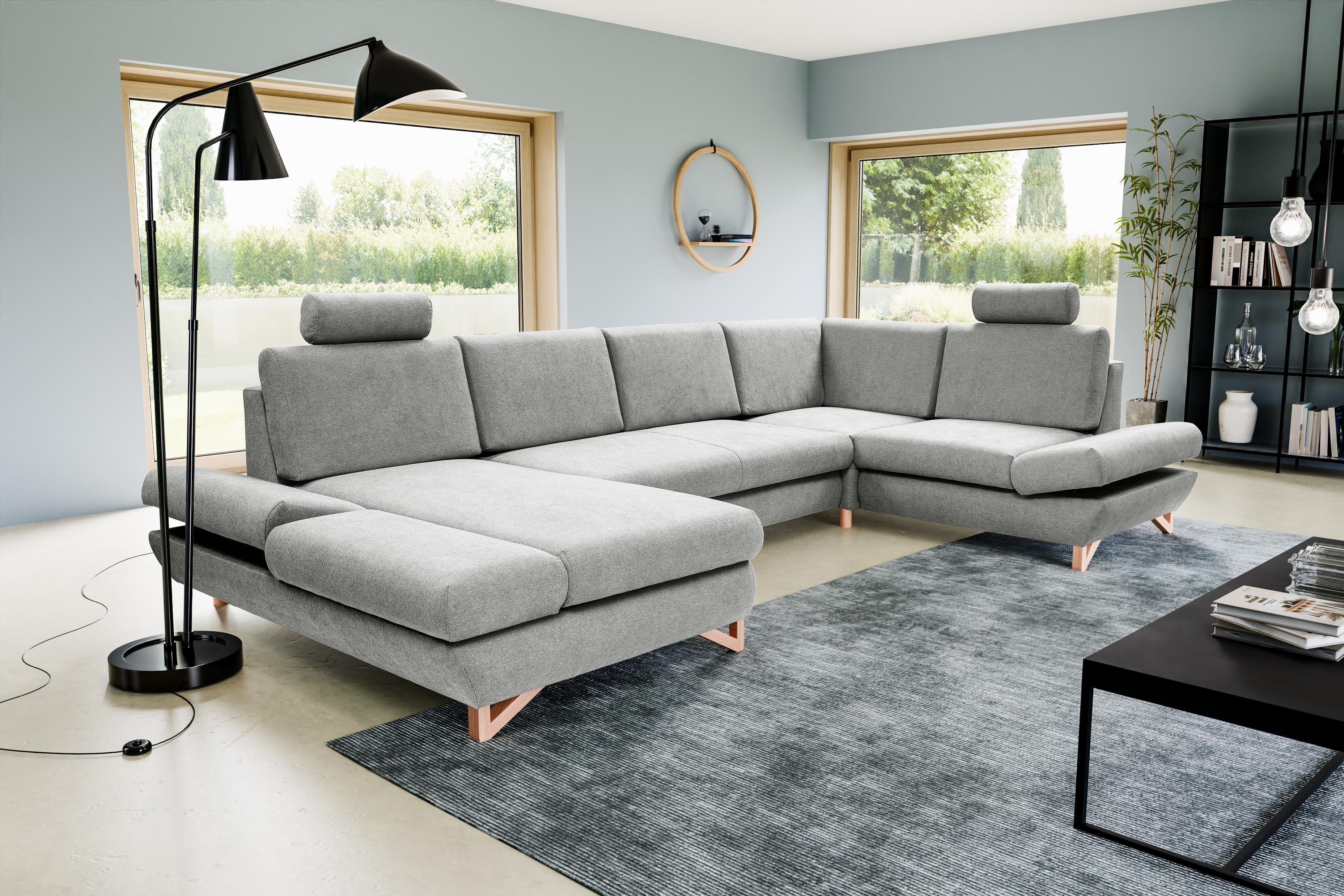 WOHNLANDSCHAFT CASA IV R-S Grau Plüsch-Stoff mit Schlaffunktion Holz MASSENO Möbel > Sofas & Couches > Wohnlandschaften > Wohnlandschaften U-Form Grau