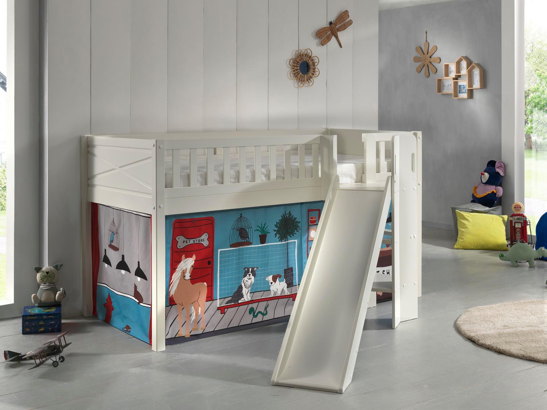HOCHBETT mit Rutsche Karyl Massivholz Weiß Textilset Pet Shop Holz 58aufmkessel Möbel > Betten > Hoch- und Etagenbetten > Hochbetten Weiß