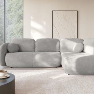 ECKSOFA AMICO II R-S Hellgrau Geflochtener Stoff mit Schlaffunktion Holz MASSENO Möbel > Sofas & Couches > Wohnlandschaften > Ecksofas Grau