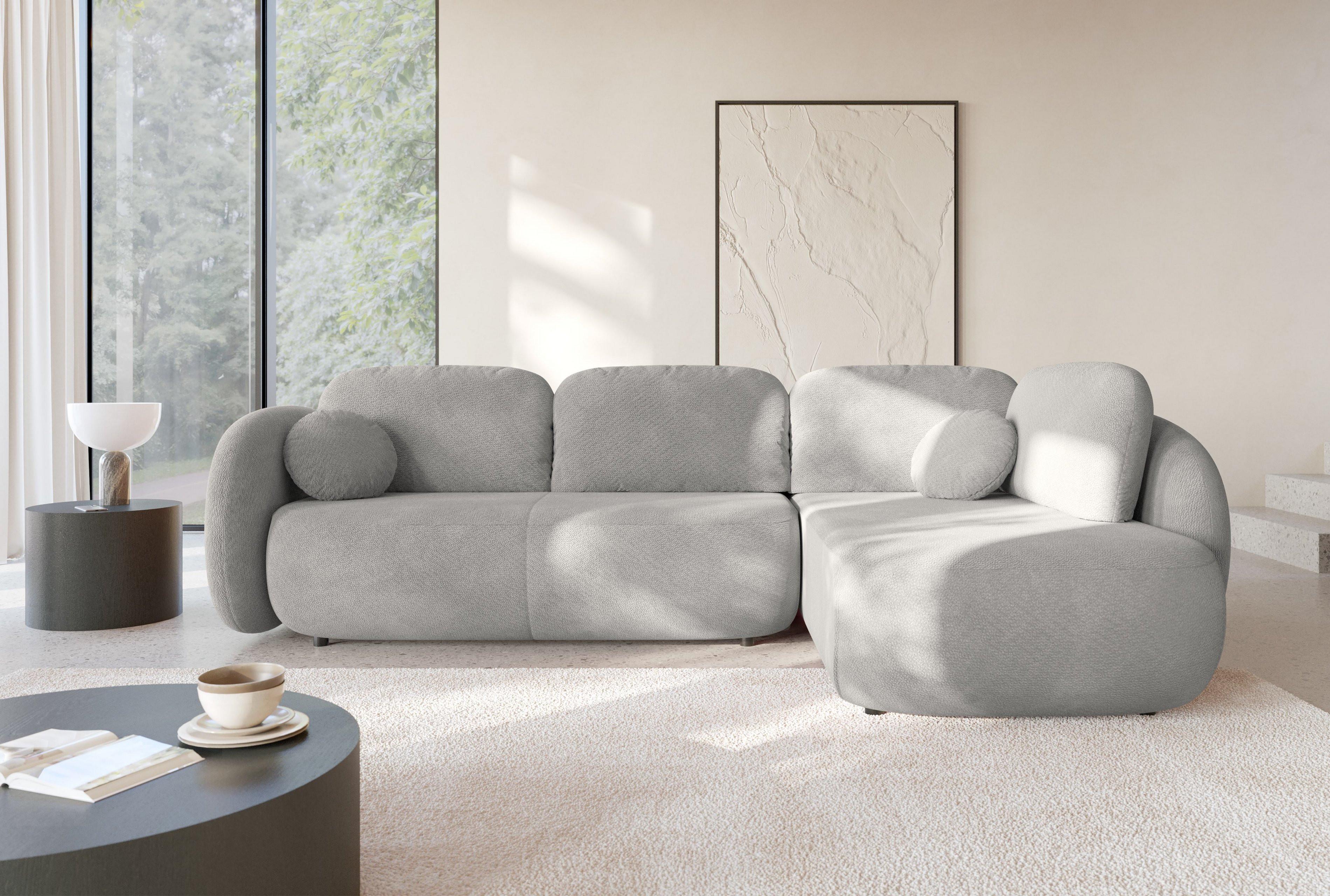 ECKSOFA AMICO II R-S Hellgrau Geflochtener Stoff mit Schlaffunktion Holz MASSENO Möbel > Sofas & Couches > Wohnlandschaften > Ecksofas Grau