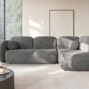 ECKSOFA AMICO II R-S Grau Geflochtener Stoff mit Schlaffunktion Holz MASSENO Möbel > Sofas & Couches > Wohnlandschaften > Ecksofas Grau