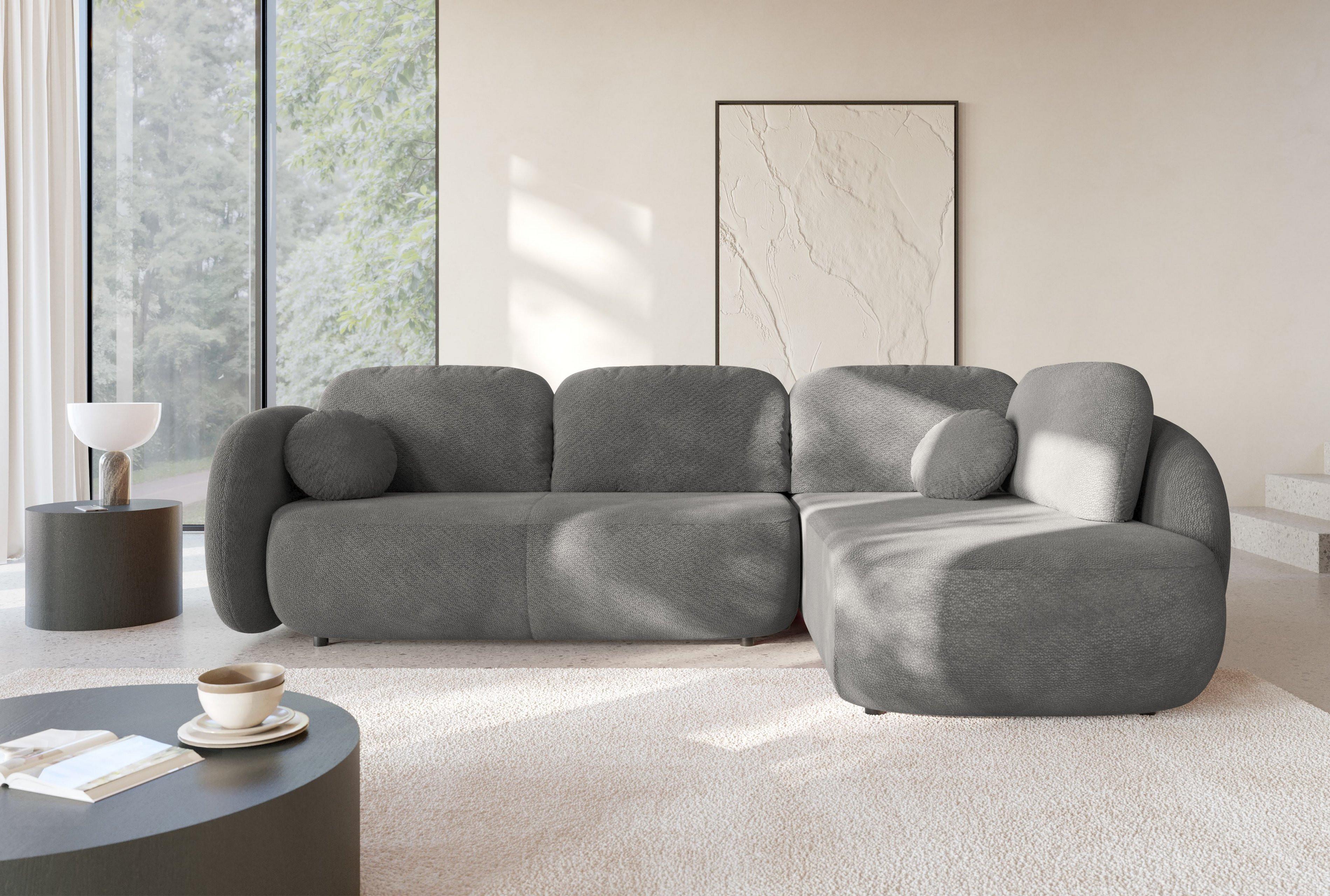 ECKSOFA AMICO II R-S Grau Geflochtener Stoff mit Schlaffunktion Holz MASSENO Möbel > Sofas & Couches > Wohnlandschaften > Ecksofas Grau