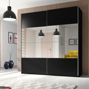 wohnli-moebel-suche-800001327038-1 SCHWEBETÜRENSCHRANK BETTINA 180/210/61 cm 2-türig mit Spiegel Schwarz Holzwerkstoff MASSENO Möbel > Schränke > Kleiderschränke > Schwebetürenschränke Schwarz