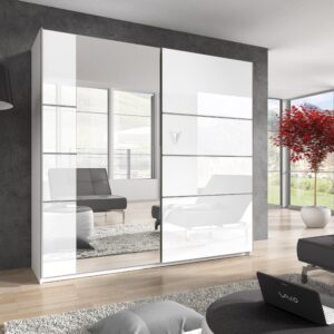 wohnli-moebel-suche-800001327044-1 SCHWEBETÜRENSCHRANK BETTINA 180/210/61 cm 2-türig mit Spiegel Weiß Holzwerkstoff MASSENO Möbel > Schränke > Kleiderschränke > Schwebetürenschränke Weiß