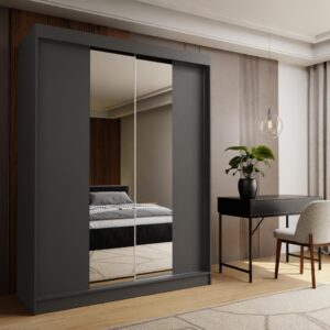 wohnli-moebel-suche-800001327056-1 SCHWEBETÜRENSCHRANK LUCENZA 160/216/61 cm 2-türig mit Spiegel Grau Holzwerkstoff MASSENO Möbel > Schränke > Kleiderschränke > Schwebetürenschränke Grau