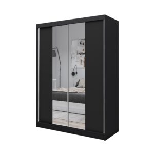 wohnli-moebel-suche-800001327060-1 SCHWEBETÜRENSCHRANK LUCENZA 160/216/61 cm 2-türig mit Spiegel Schwarz Holzwerkstoff MASSENO Möbel > Schränke > Kleiderschränke > Schwebetürenschränke Schwarz