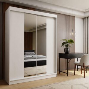 wohnli-moebel-suche-800001327064-1 SCHWEBETÜRENSCHRANK LUCENZA 160/216/61 cm 2-türig mit Spiegel Weiß Holzwerkstoff MASSENO Möbel > Schränke > Kleiderschränke > Schwebetürenschränke Weiß