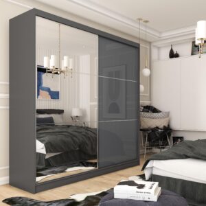 wohnli-moebel-suche-800001327107-1 SCHWEBETÜRENSCHRANK VITALE 200/216/61 cm 2-türig mit Spiegel Grau Holzwerkstoff MASSENO Möbel > Schränke > Kleiderschränke > Schwebetürenschränke Grau