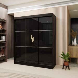 wohnli-moebel-suche-800001327114-1 SCHWEBETÜRENSCHRANK VITALE 180/216/61 cm 3-türig Schwarz Holzwerkstoff MASSENO Möbel > Schränke > Kleiderschränke > Schwebetürenschränke Schwarz