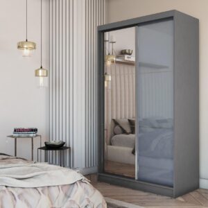 wohnli-moebel-suche-800001327117-1 SCHWEBETÜRENSCHRANK VITALE 120/216/61 cm 2-türig mit Spiegel Grau Holzwerkstoff MASSENO Möbel > Schränke > Kleiderschränke > Schwebetürenschränke Grau