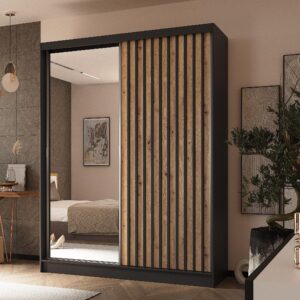 wohnli-moebel-suche-800001327124-1 SCHWEBETÜRENSCHRANK LAMELLO 160/216/61 cm 2-türig mit Spiegel Schwarz Holzwerkstoff MASSENO Möbel > Schränke > Kleiderschränke > Schwebetürenschränke Schwarz