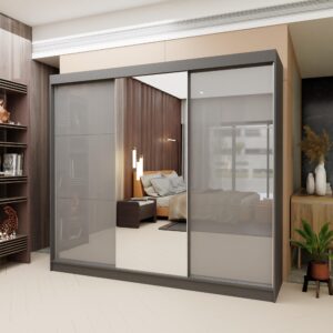 wohnli-moebel-suche-800001327131-1 SCHWEBETÜRENSCHRANK VITALE 240/216/61 cm 3-türig mit Spiegel Grau Holzwerkstoff MASSENO Möbel > Schränke > Kleiderschränke > Schwebetürenschränke Grau