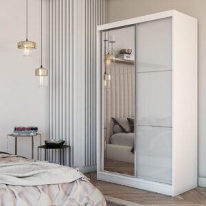 wohnli-moebel-suche-800001327143-1 SCHWEBETÜRENSCHRANK VITALE 120/216/61 cm 2-türig mit Spiegel Weiß Holzwerkstoff MASSENO Möbel > Schränke > Kleiderschränke > Schwebetürenschränke Weiß