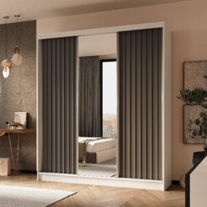 wohnli-moebel-suche-800001327153-1 SCHWEBETÜRENSCHRANK LAMELLO 180/216/61 cm 3-türig mit Spiegel Weiß Holzwerkstoff MASSENO Möbel > Schränke > Kleiderschränke > Schwebetürenschränke Weiß