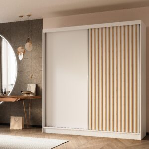 wohnli-moebel-suche-800001327158-1 SCHWEBETÜRENSCHRANK LAMELLO 200/216/61 cm 2-türig Weiß Holzwerkstoff MASSENO Möbel > Schränke > Kleiderschränke > Schwebetürenschränke Weiß