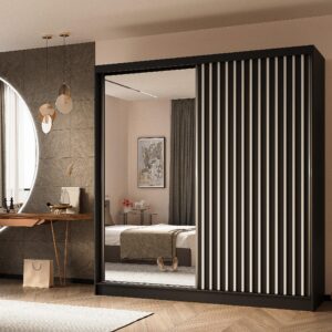 wohnli-moebel-suche-800001327162-1 SCHWEBETÜRENSCHRANK LAMELLO 200/216/61 cm 2-türig mit Spiegel Schwarz Holzwerkstoff MASSENO Möbel > Schränke > Kleiderschränke > Schwebetürenschränke Schwarz