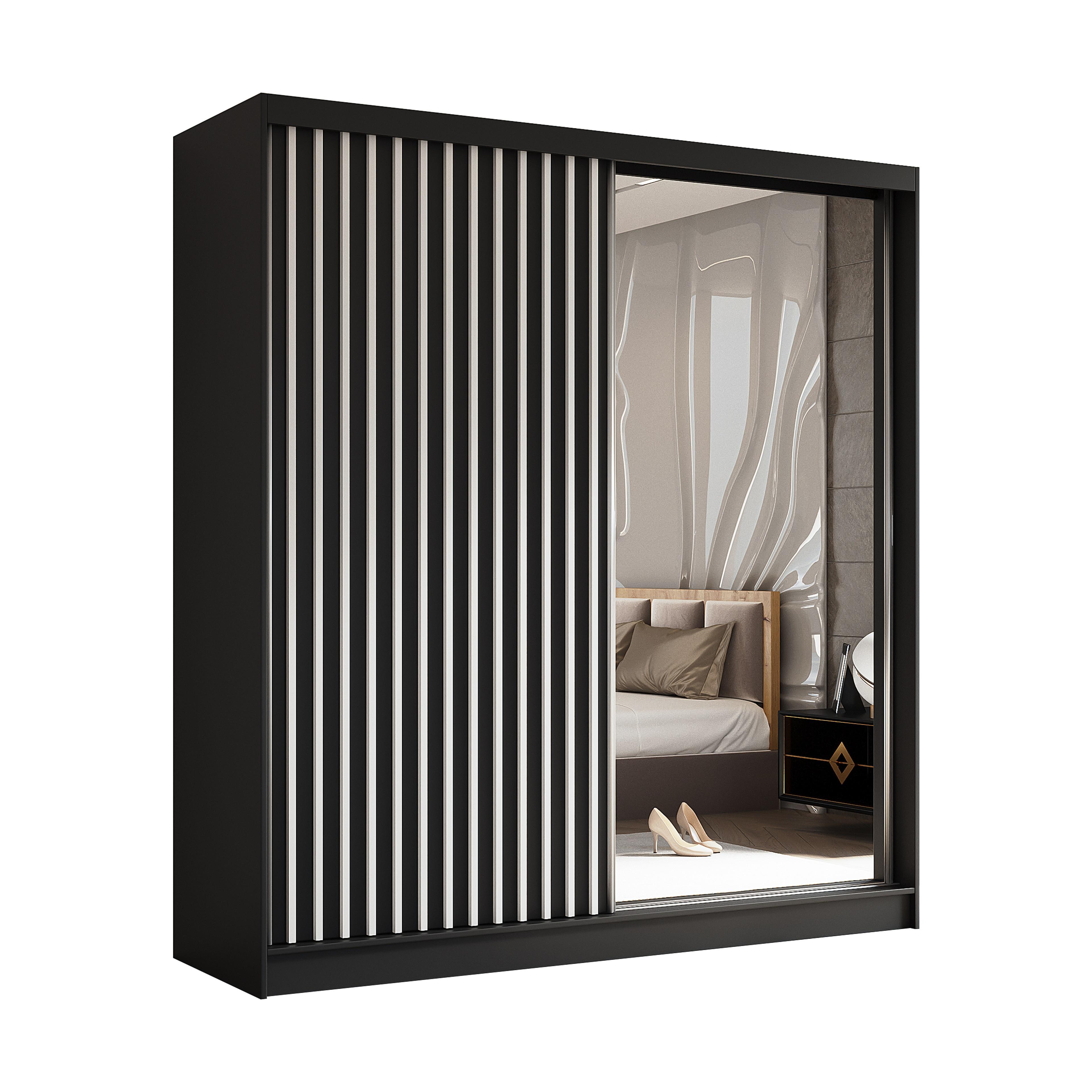 wohnli-moebel-suche-800001327162 Wohnli Möbelsuche - SCHWEBETÜRENSCHRANK LAMELLO 200/216/61 cm 2-türig mit Spiegel Schwarz
