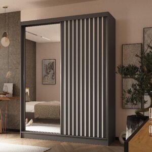 wohnli-moebel-suche-800001327168-1 SCHWEBETÜRENSCHRANK LAMELLO 160/216/61 cm 2-türig mit Spiegel Grau Holzwerkstoff MASSENO Möbel > Schränke > Kleiderschränke > Schwebetürenschränke Grau