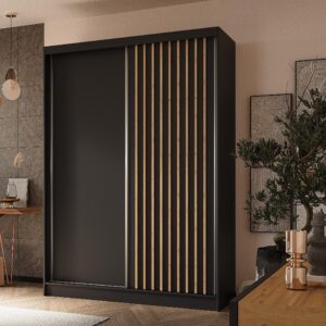 wohnli-moebel-suche-800001327172-1 SCHWEBETÜRENSCHRANK LAMELLO 150/216/61 cm 2-türig Schwarz Holzwerkstoff MASSENO Möbel > Schränke > Kleiderschränke > Schwebetürenschränke Schwarz