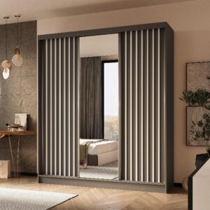 wohnli-moebel-suche-800001327176-1 SCHWEBETÜRENSCHRANK LAMELLO 180/216/61 cm 3-türig mit Spiegel Grau Holzwerkstoff MASSENO Möbel > Schränke > Kleiderschränke > Schwebetürenschränke Grau