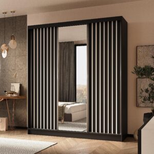 wohnli-moebel-suche-800001327180-1 SCHWEBETÜRENSCHRANK LAMELLO 180/216/61 cm 3-türig mit Spiegel Schwarz Holzwerkstoff MASSENO Möbel > Schränke > Kleiderschränke > Schwebetürenschränke Schwarz