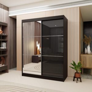 wohnli-moebel-suche-800001327187-1 SCHWEBETÜRENSCHRANK VITALE 150/216/61 cm 2-türig mit Spiegel Schwarz Holzwerkstoff MASSENO Möbel > Schränke > Kleiderschränke > Schwebetürenschränke Schwarz
