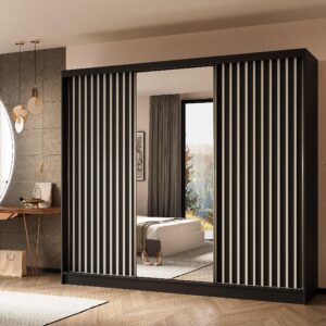 wohnli-moebel-suche-800001327193-1 SCHWEBETÜRENSCHRANK LAMELLO 240/216/61 cm 3-türig mit Spiegel Schwarz Holzwerkstoff MASSENO Möbel > Schränke > Kleiderschränke > Schwebetürenschränke Schwarz