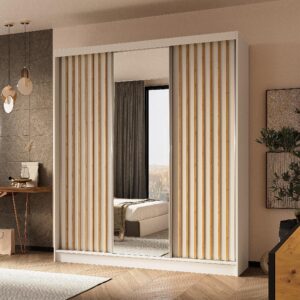 wohnli-moebel-suche-800001327197-1 SCHWEBETÜRENSCHRANK LAMELLO 180/216/61 cm 3-türig mit Spiegel Weiß Holzwerkstoff MASSENO Möbel > Schränke > Kleiderschränke > Schwebetürenschränke Weiß