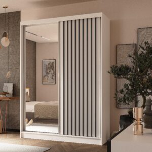 wohnli-moebel-suche-800001327201-1 SCHWEBETÜRENSCHRANK LAMELLO 150/216/61 cm 2-türig mit Spiegel Weiß Holzwerkstoff MASSENO Möbel > Schränke > Kleiderschränke > Schwebetürenschränke Weiß