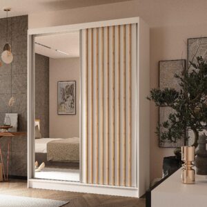wohnli-moebel-suche-800001327204-1 SCHWEBETÜRENSCHRANK LAMELLO 150/216/61 cm 2-türig mit Spiegel Weiß Holzwerkstoff MASSENO Möbel > Schränke > Kleiderschränke > Schwebetürenschränke Weiß