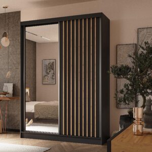 wohnli-moebel-suche-800001327208-1 SCHWEBETÜRENSCHRANK LAMELLO 150/216/61 cm 2-türig mit Spiegel Schwarz Holzwerkstoff MASSENO Möbel > Schränke > Kleiderschränke > Schwebetürenschränke Schwarz
