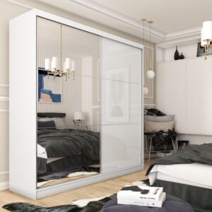 wohnli-moebel-suche-800001327211-1 SCHWEBETÜRENSCHRANK VITALE 200/216/61 cm 2-türig mit Spiegel Weiß Holzwerkstoff MASSENO Möbel > Schränke > Kleiderschränke > Schwebetürenschränke Weiß