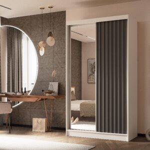 wohnli-moebel-suche-800001327217-1 SCHWEBETÜRENSCHRANK LAMELLO 120/216/61 cm 2-türig mit Spiegel Weiß Holzwerkstoff MASSENO Möbel > Schränke > Kleiderschränke > Schwebetürenschränke Weiß