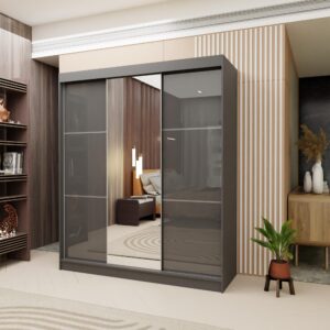 SCHWEBETÜRENSCHRANK VITALE 180/216/61 cm 3-türig mit Spiegel Grau Holzwerkstoff MASSENO Möbel > Schränke > Kleiderschränke > Schwebetürenschränke Grau