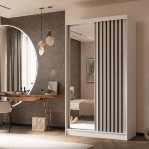 wohnli-moebel-suche-800001327222-1 SCHWEBETÜRENSCHRANK LAMELLO 120/216/61 cm 2-türig mit Spiegel Weiß Holzwerkstoff MASSENO Möbel > Schränke > Kleiderschränke > Schwebetürenschränke Weiß