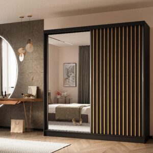 wohnli-moebel-suche-800001327226-1 SCHWEBETÜRENSCHRANK LAMELLO 200/216/61 cm 2-türig mit Spiegel Schwarz Holzwerkstoff MASSENO Möbel > Schränke > Kleiderschränke > Schwebetürenschränke Schwarz